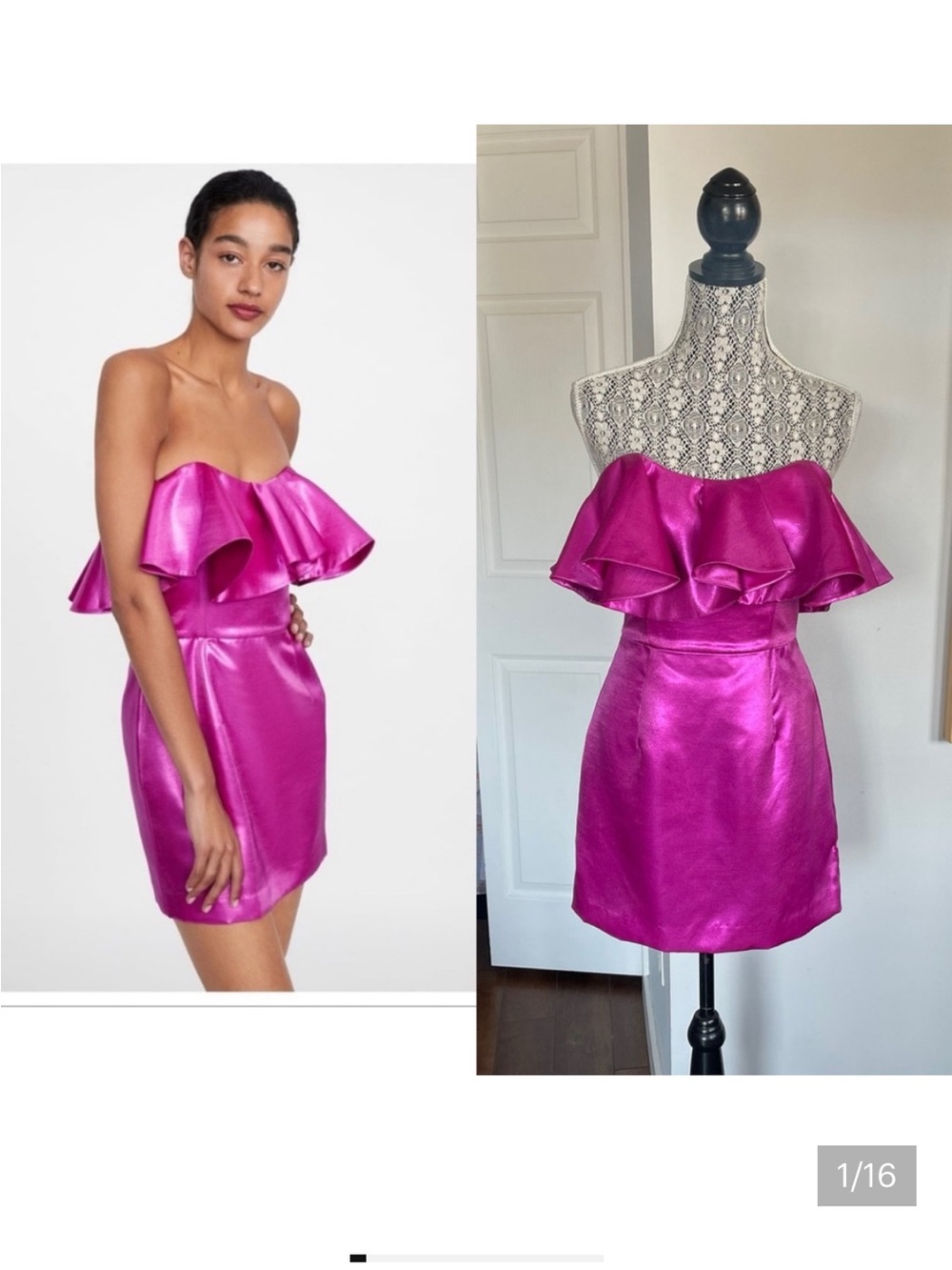 New Zara Strapless Hot Pink Ruffle Party Mini Dress. Smocked Back. Small.